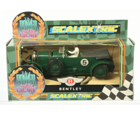 Scalextric "The Power and the Glory" re-issued Vintage Slot Car C305 Bentley - British Racing Green with driver figure and ra