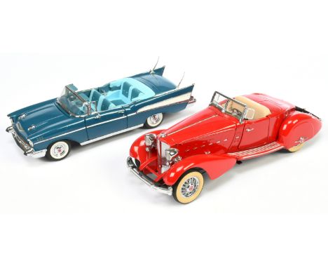 Danbury Mint 1:24 scale pair (1) 1934 Packard V12 Lebaron - red (2) 1957 Chevrolet Bel Air - blue - Excellent some light hand