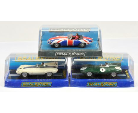 &nbsp;Scalextric Slot Car group (1) C3308 Jaguar D Type Briggs Cunningham Sebring 1956 (2) C3486 Similar but Hawthorn Titteri