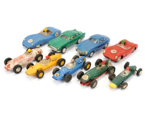 Scalextric Slot Cars loose Vintage group, to include Aston Martin DB5 - green; Lister Jaguar - blue; Aston Martin MM C57; BRM