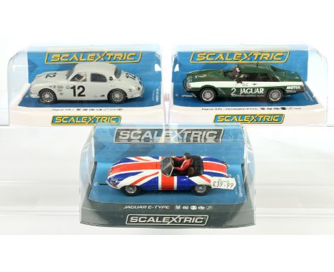 Scalextric Jaguar group (1) C4419 Jaguar MK1 "BUY 1" Goodwood 2019 (2) C3878 Jaguar E Type - "Union Jack" similar to "Shaguar