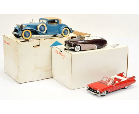 Danbury Mint 1:24 scale group (1) 1950 Mercury - maroon (2) 1929 Cord - blue (3) 1959 Cadillac series 62 - red (inner packing