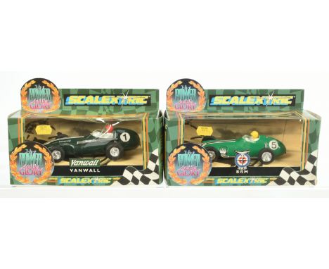 Scalextric "The Power &amp; The Glory" pair (1) C097 Vanwall Racing Car - dark green, racing number 1 (2) C098 BRM Racing Car