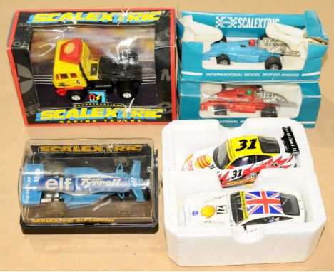 Scalextric a group of boxed Cars to include C491 Grand prix Lorry Bardahl; C121 Elf Tyrrell; C023 Scaletti Arrow, plus 3 x mo