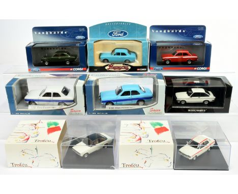 Mixed group of 1:32/1:43 Scale Ford Escort model cars to include (1) Saico Mk I; (2) Minichamps 084300 Mk II 1975 RS2000; (3)