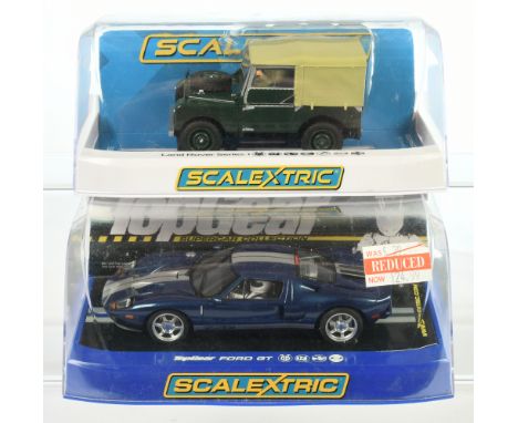 Scalextric pair (1) C4441 Land Rover Series 1 - Green (2) C2984 Ford GT "Top Gear" - Metallic Blue with "Stig" figure - Mint 