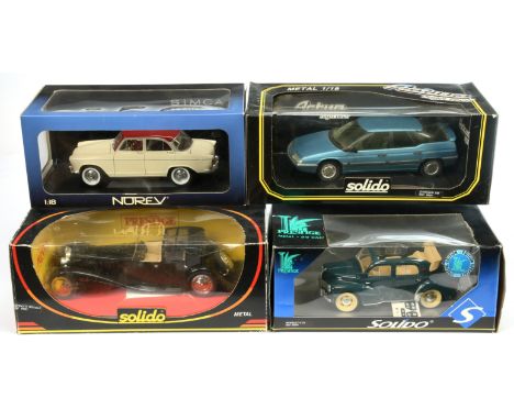 Solido 1/18th scale group (1) 8001 Bugatti Royale (2) 8501 Citroen XM - Metallic blue (3) 8204 Renault 4 CV (some discolour t