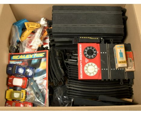 Scalextric group including - loose track, cars, controllers &amp; accessories; fencing; embankments; Hand Throttles; 2 x raci
