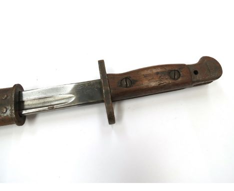 A British 1907 pattern bayonet with various stampings, steel mounted leather scabbard