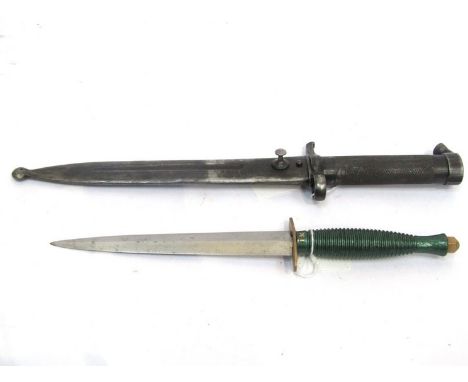 A Swedish 1896 pattern bayonet with scabbard together with a Fairbairn Sykes style dagger with blue/green grip (2)