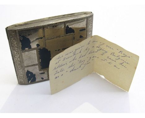 An early 20th Century Art Deco cigarette case with hand written note "This was given to one of our Boys at Dunkirk by a dying