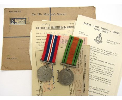 A WWII pair of medals with documents to 7358520 CPL. E.W. BUTTON R.A.M.C.