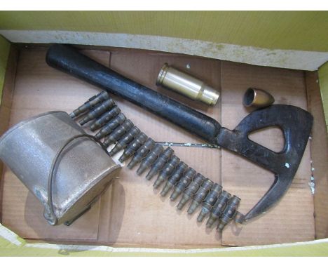 A box of miscellaneous militaria including WWII fire warden's axe and a truncheon 