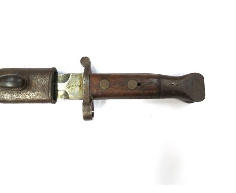 A Victorian 1888 pattern bayonet dated 97, Sanderson Sheffield with leather and steel scabbard