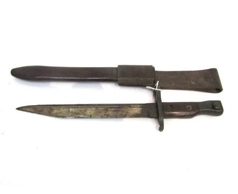 A Canadian Ross bayonet with brown leather scabbard and frog