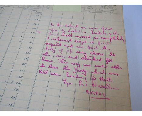 A WWII RAF Log Book of target tug / drogue pilot 907807 A.F.E. HARRISON. Entries include injuries sustained including amputat