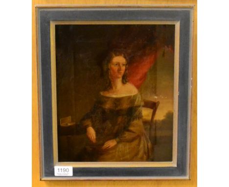 British School (19th century) Portrait of a lady in an interior seated, three quarter length, oil on canvas 
