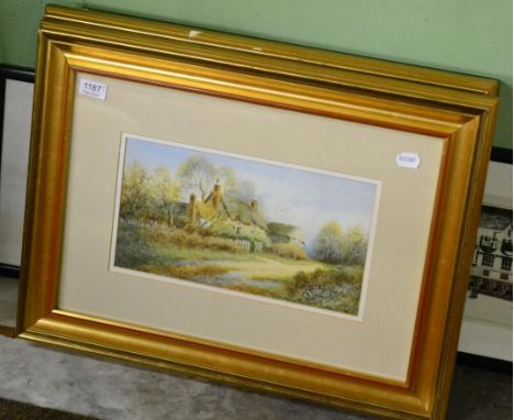 F Lawrence, a pair of watercolours country cottage scenes; with a colour print of dogs, gilt framed; and a panoramic photogra
