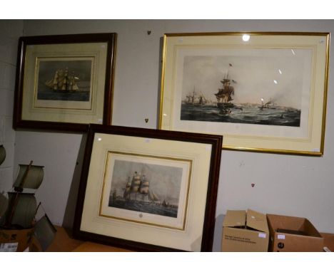 Three prints including:- The port of Liverpool engraving 1841 J Carter US 44 Gun Frigate Constitution engraved W.L. Wyllie fr