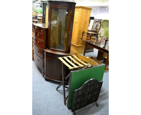 A mahogany luggage stand, folding card table, a walnut veneered dressing cabinet and a painted iron spark guard