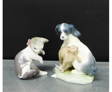 A Lladro cat and mouse porcelain figure, together with a NAO dog figure, (2) 