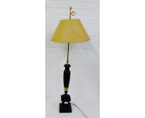 A brass and black painted wooden table lamp of tall proportions on a square plinth base, height overall 110cm