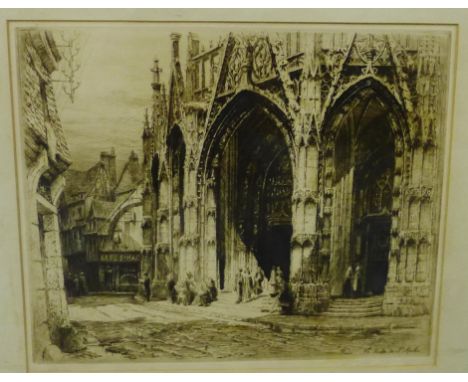 'Rouen Cathedral' Engraved print, signed in pencil indistinctly and titled, in a glazed and rosewood frame, 48 x 40cm 