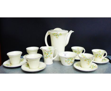 A Burleigh Ware 'Belvedere' patterned Art Deco coffee set comprising coffee pot, cream jug, sugar bowl, six cups and six sauc