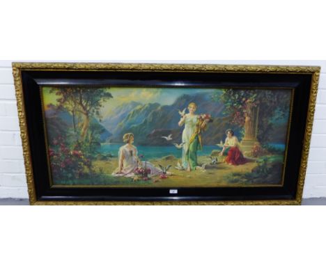 H. Zalzka Coloured lithographic print of the 'Three Graces' in a glazed ebonised and gilt wood frame, 120 x 50cm