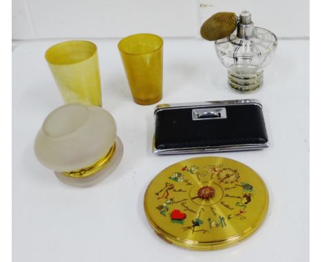 A mixed lot to include a compact, scent bottle, opera glasses, horn, beakers etc., (a lot) 