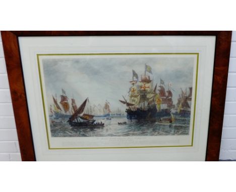 The Spanish Armada sailing from Ferrol Coloured print, in a glazed burr wood frame, 73 x 49cm 