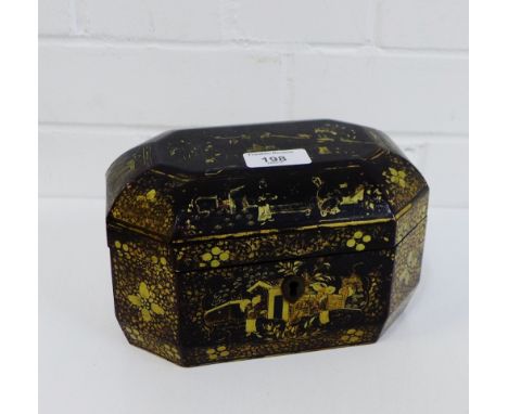 A chinoiserie black lacquered and gilt patterned tea caddy containing two pewter floral engraved canisters, 20 x 12cm