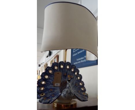 An Italian pottery table lamp modelled as a peacock, W. 44cm.