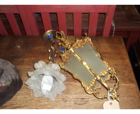 A gilt metal hexagonal hall lantern, together with a ceiling light with opaque glass shade.
