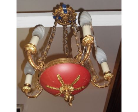 A gilt metal five branch ceiling light together with four two branch wall lights 