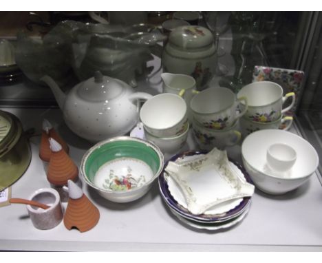 A Susie Cooper porcelain teapot, a Melba china eight piece part tea set, Noritake ashtray and sundry pottery and porcelain.