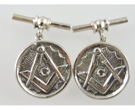 A pair of white metal bar and chain cufflinks, the faces with Masonic symbols, D. 2cm.