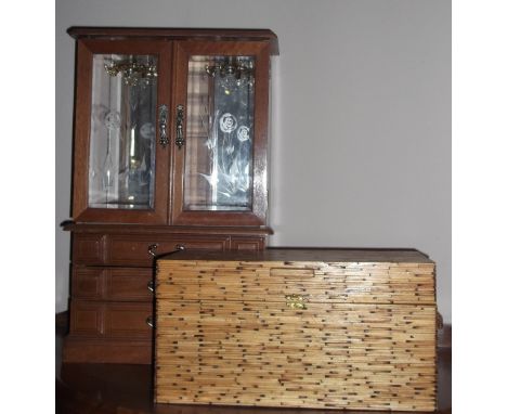 A glazed wood jewellery cabinet, together with a match stick jewellery box.