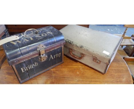 A Victorian style metal trunk painted Dr Watson British Army, 36cm, together with a 1950s suitcase.