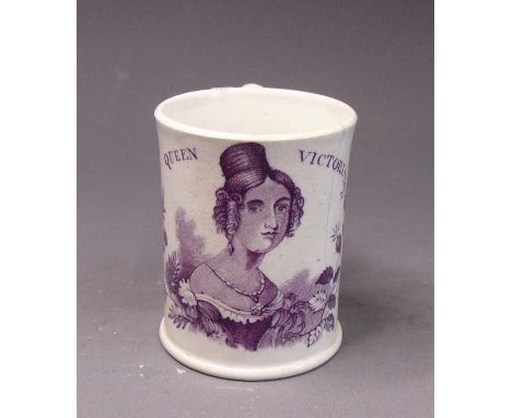 A Swansea Queen Victoria coronation mug printed in puce with a portrait of a young Queen Victoria, circa  1837-38, 7cm high, 