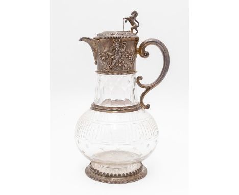 A Victorian silver-gilt mounted etched glass ewer, the body decorated with Greek key style decoration, also engraved with a C