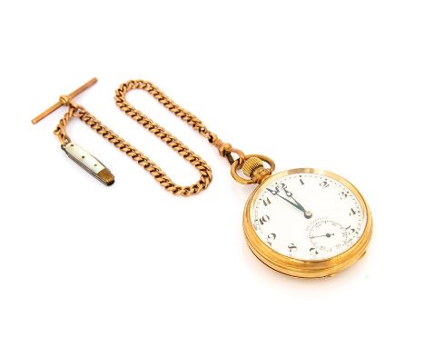 A 9ct gold cased Dennison open faced pocket watch, Swiss movement, on a 9ct rose gold Albert, approximate weight all in 105gC