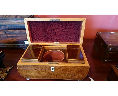 An early 19thC yew wood tea caddy with 2 compartments. Glass mixer not present.