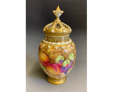 A Royal Worcester pot pouri, liner and pierced cover, painted with fruit, No. 2048, signed S. Weston, 20th Century, black mar