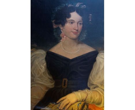 British School,&nbsp; mid 19th Century, a portrait of a lady, bust length wearing a pearl necklace and velvet dress with whit