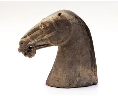 A Chinese Han Dynasty terracotta ornamental horse head, 2nd Century BC to 2nd Century AD, height 16cmCONDITION:Some surface c