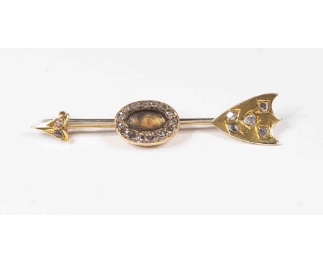 A 19th century yellow metal and diamond arrow brooch, set with rose-cut diamonds, approx 6cm long, gross weight approx 6.5gms