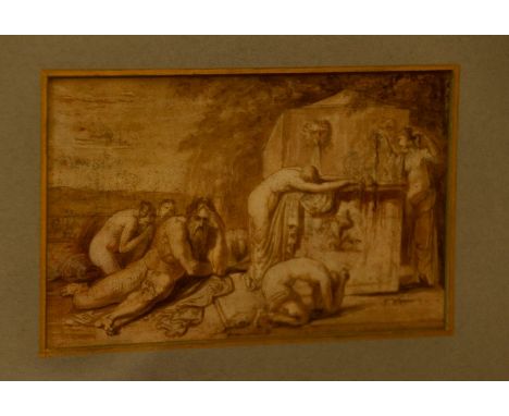 An Old Master sketch depicting Orpheus and Maidens, pen and brown ink, 11 by 17cm, gilt frame&nbsp;