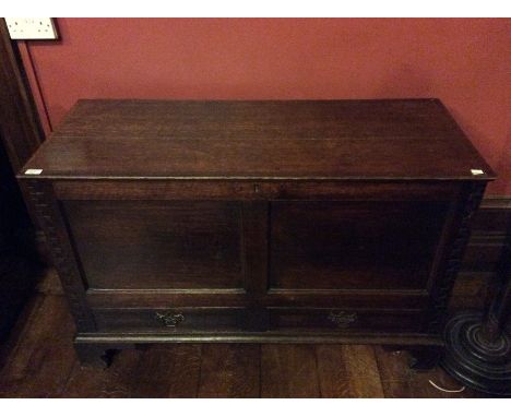 A George II oak mule chest, with quoin effect&nbsp;corners, the lid opening to reveal large storage area,&nbsp;the base with 