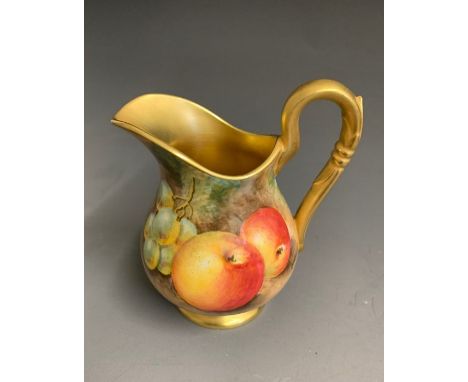 A Royal Worcester cream jug, painted with fruit and gilded inside, signed  F.Higgins, 20th Century black mark England, 10cm h